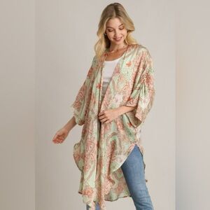 Umgee Full Size Mixed Print Open Front Kimono with Ruffle Sleeves Plus Size